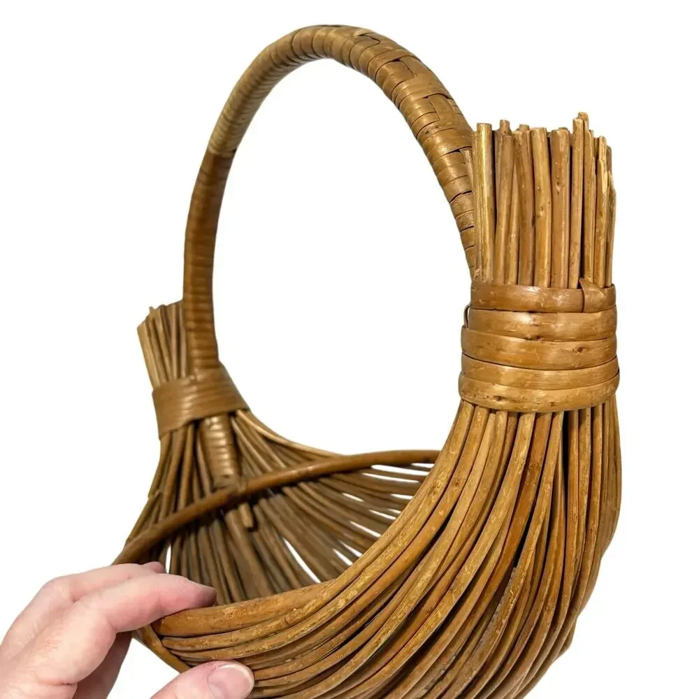 Pencil Reed Wood Basket handmade signed unique boat shape vintage centerpiece